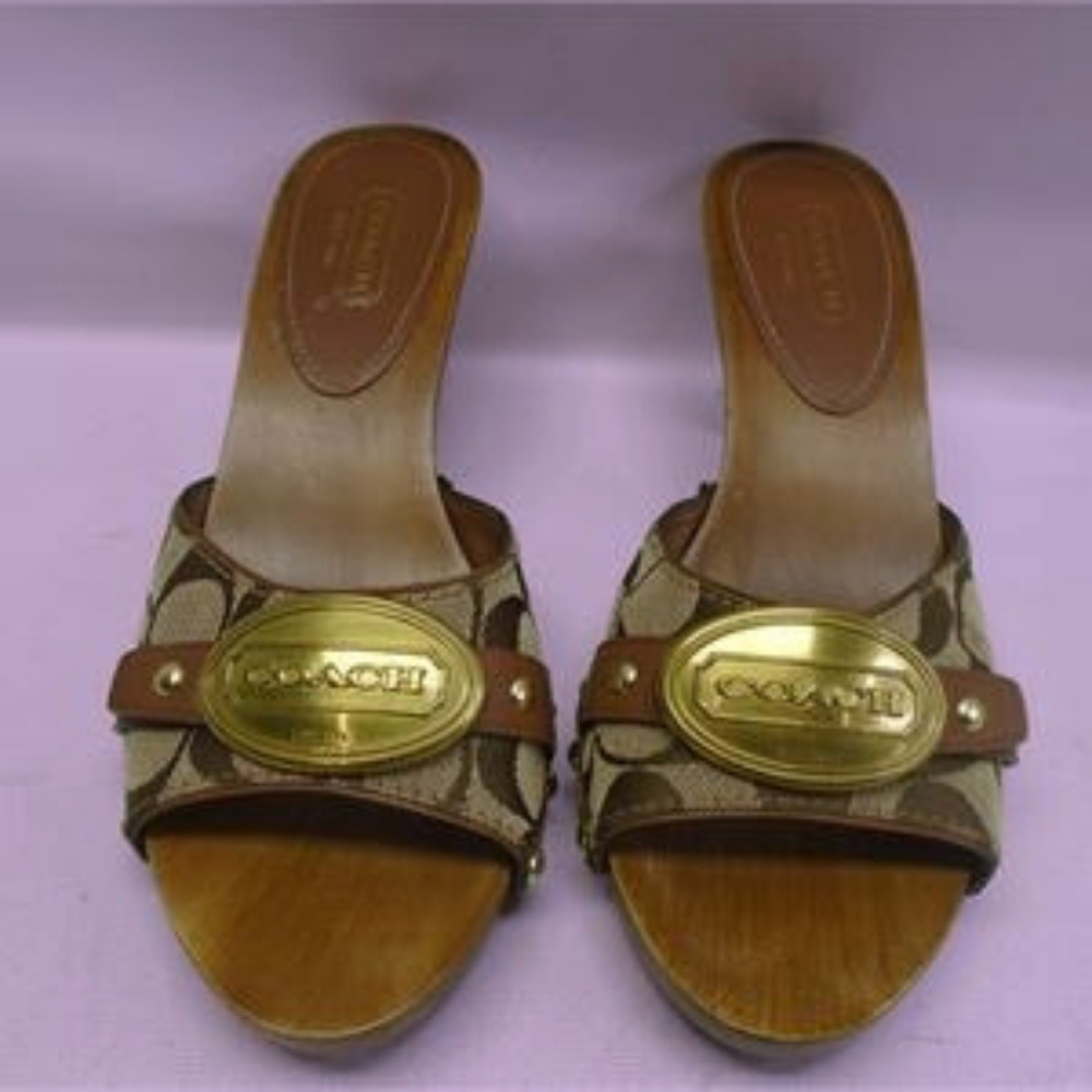Coach Brown Patterned Mules with Gold Accents